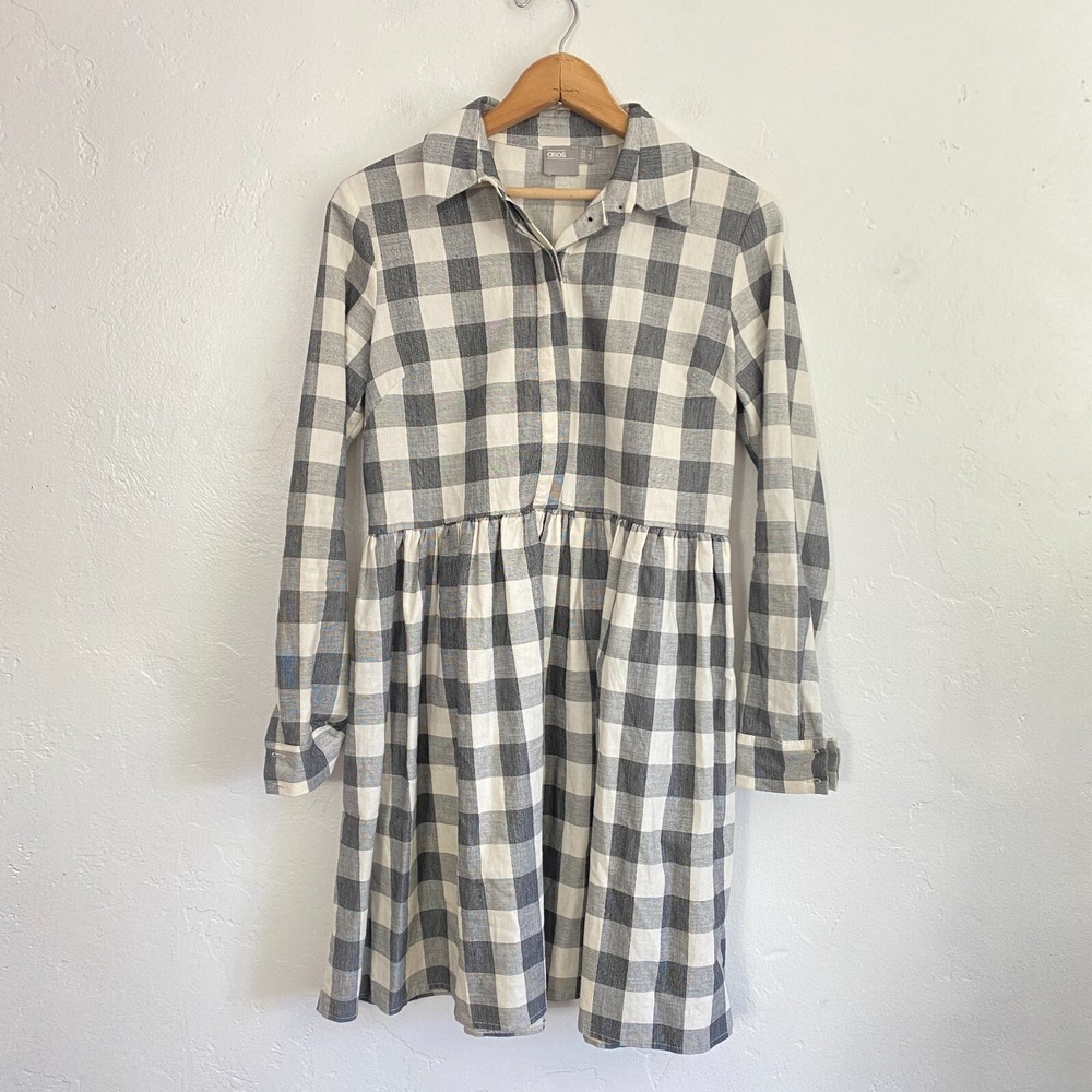 Asos Gingham Smock Shirt Dress Womens Size 4 Gray Ivory Check Collared